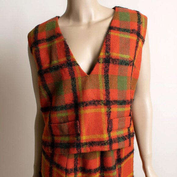 Vintage 1960s Plaid Skirt & Jacket Coat Set Vest Orange Green Vogue Paris 60s - Picture 6 of 11